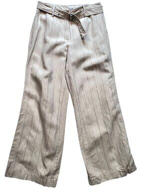 Spiegel Women Linen Blend Belted Wide-Leg Trousers Flat Front Sz 12 Beige Stripe